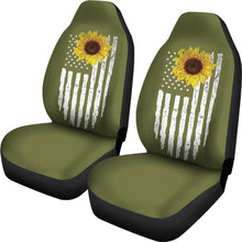 Load image into Gallery viewer, Army Green With Distressed American Flag and Sunflower Car Seat Covers Set