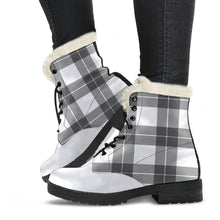 Load image into Gallery viewer, Gray and White Plaid Faux Fur Lined Vegan Leather Boots With White Toe