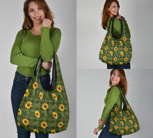 Load image into Gallery viewer, Green Plaid With Sunflower Pattern Grocery Shopping Bag Pack of 3