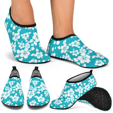 Load image into Gallery viewer, Teal and White Hibiscus Hawaiian Pattern Water Shoes