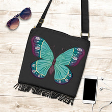 Load image into Gallery viewer, Watercolor Green and Purple Butterfly Boho Bag With Fringe