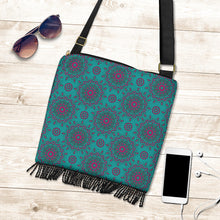 Load image into Gallery viewer, Teal With Pink Mandala Pattern Boho Style Fringe Purse Shoulder Crossbody Handbag