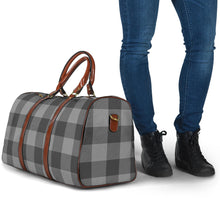 Load image into Gallery viewer, Gray Buffalo Plaid Travel Bag Duffel With Brown Faux Leather Handles
