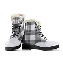 Load image into Gallery viewer, Gray and White Plaid Faux Fur Lined Vegan Leather Boots With White Toe