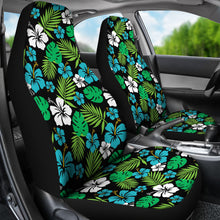 Load image into Gallery viewer, Blue and Green Hibiscus Flower Patten on Black Car Seat Covers Set of 2