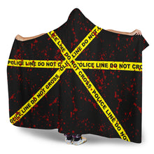 Load image into Gallery viewer, Crime Scene Police Tape True Crime Hooded Blanket Black With Blood Spatter and Sherpa Lining