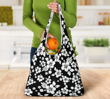 Load image into Gallery viewer, Black and White Hibiscus Flower Pattern Grocery Shopping Bags Pack of 3