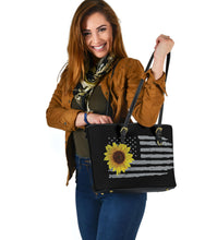 Load image into Gallery viewer, Distressed American Flag With Sunflower Vegan Leather Tote Bag