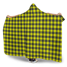 Load image into Gallery viewer, Yellow, Black and White Plaid Tartan Pattern Hooded Blanket With Tan Sherpa Lining