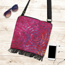 Load image into Gallery viewer, Magenta and Purple Batik Spiral Pattern Boho Bag With Fringe and Shoulder Crossbody Strap