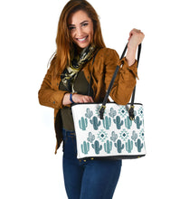 Load image into Gallery viewer, Teal Boho Cactus Pattern Faux Leather Tote Bag