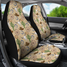 Load image into Gallery viewer, Cowboy Pattern Western Car Seat Covers on Tan Sand Colored Background