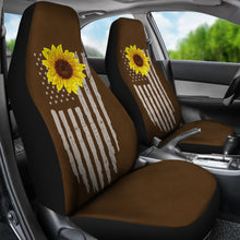 Load image into Gallery viewer, Distressed American Flag With Rustic Sunflower on Dark Brown Faux Suede Style Car Seat Covers