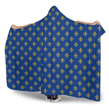 Load image into Gallery viewer, Royal Blue and Gold Fleur De Lis Hooded Blanket 1