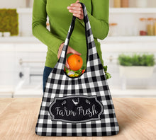 Load image into Gallery viewer, Black and White Buffalo Plaid Farm Fresh Grocery Bags Set of 3