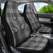 Load image into Gallery viewer, Gray Faux Denim Buffalo Plaid Car Seat Covers With Rustic Horseshoes Seat Protectors Western Cowboy