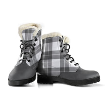 Load image into Gallery viewer, Gray and White Plaid Faux Fur Lined Vegan Leather Boots With Gray Toe