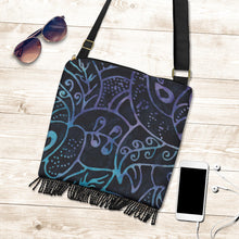 Load image into Gallery viewer, Black Purple and Blue Batik Pattern Watercolor Boho Fringe Bag Crossbody Purse With Shoulder Strap