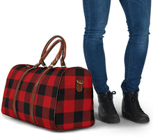 Load image into Gallery viewer, Red and Black Buffalo Plaid Travel Bag, Duffel Bag With Brown Faux Leather Handles