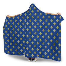 Load image into Gallery viewer, Blue and Gold Fleur De Lis Pattern Hooded Blanket 2