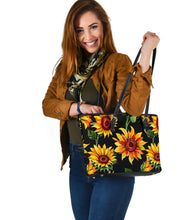 Load image into Gallery viewer, Sunflowers on Black Vegan Leather Tote Bag