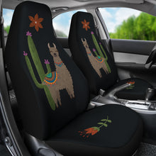 Load image into Gallery viewer, Brown Llama Car Seat Covers Chalky Style Cactus and Flower Design Printed on Black Fabric