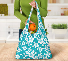 Load image into Gallery viewer, Teal and White Hibiscus Flower Pattern Reusable Grocery Shopping Bags Pack of 3