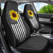 Load image into Gallery viewer, Distressed American Flag With Rustic Sunflower on Dark Gray Faux Denim Style Car Seat Covers