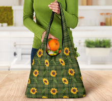 Load image into Gallery viewer, Green Plaid With Sunflower Pattern Grocery Shopping Bag Pack of 3