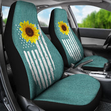 Load image into Gallery viewer, Distressed American Flag With Rustic Sunflower on Turquoise Faux Denim Style Car Seat Covers