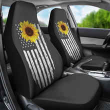 Load image into Gallery viewer, Charcoal Gray With Distressed American Flag and Sunflower Car Seat Covers Set