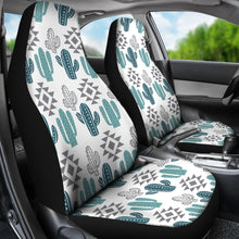 Load image into Gallery viewer, Teal and Gray Boho Cactus Pattern On White Car Seat Covers Set of 2