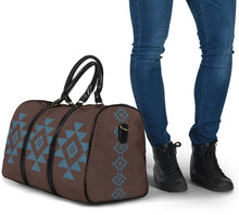 Load image into Gallery viewer, Brown Faux Suede and Blue Tribal Design Travel Bag Duffel With Black Faux Leather Handles