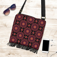 Load image into Gallery viewer, Black Magenta Mandala Pattern Boho Bag With Fringe and Shoulder Straps Crossbody Purse