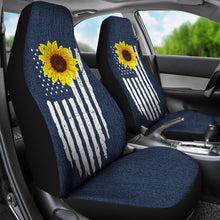 Load image into Gallery viewer, Distressed American Flag With Rustic Sunflower on Dark Blue Jean Faux Denim Style Car Seat Covers