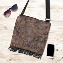 Load image into Gallery viewer, Coffee Colored Batik Style Design Fringe Purse Boho Bag Shoulder Strap Crossbody