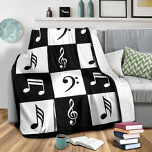 Load image into Gallery viewer, Black and White Large Checkered Music Notes Pattern Fleece Throw Blanket