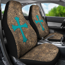 Load image into Gallery viewer, Brown Tooled Leather Design With Turquoise Suede Cross Printed Car Seat Covers Set