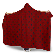Load image into Gallery viewer, Red With Black Fleur De Lis Pattern Hooded Blanket With Sherpa Lining