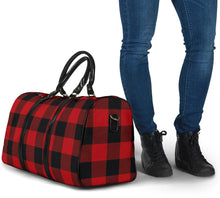 Load image into Gallery viewer, Red and Black Buffalo Plaid Travel Bag Duffel Bag With Vegan Leather Handles