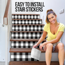 Load image into Gallery viewer, Black and White Buffalo Plaid Stair Stickers Decals Set of 6 Farmhouse Home Decor