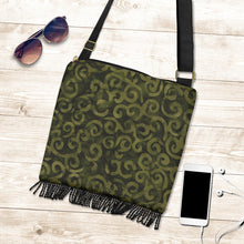 Load image into Gallery viewer, Olive Green Batik Swirls Design Canvas Printed Boho Bag With Fringe Crossbody Shoulder Purse