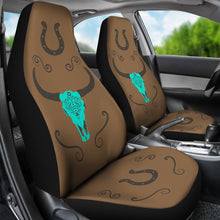 Load image into Gallery viewer, Turquoise Cow Skull on Brown Faux Suede Car Seat Covers