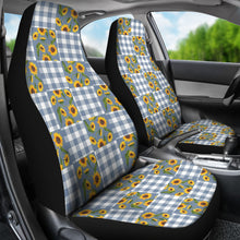 Load image into Gallery viewer, Faded Denim Blue Buffalo Plaid and Sunflowers Patchwork Pattern Car Seat Covers Set