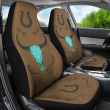 Load image into Gallery viewer, Turquoise Boho Cow Skull on Faux Brown Suede Car Seat Covers