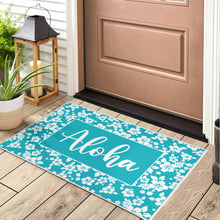 Load image into Gallery viewer, Aloha Hawaiian Hibiscus Teal and White Door Mat Welcome Mat