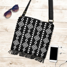 Load image into Gallery viewer, Black and White Ethnic Tribal Pattern on Crossbody Boho Bag With Fringe Bottom