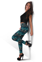 Load image into Gallery viewer, Black and Teal Blue Ethnic Pattern Leggings