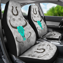 Load image into Gallery viewer, Turquoise Boho Cow Skull on Gray Chevron Car Seat Covers Set