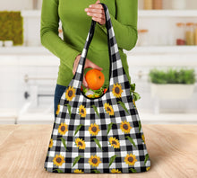 Load image into Gallery viewer, Sunflower Pattern on Black and White Buffalo Plaid Reusable Grocery Shopping Bags